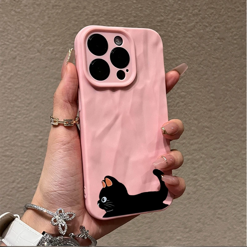可爱小黑猫适用iphone15苹果手机壳14promax褶皱13pro全包12/11/8