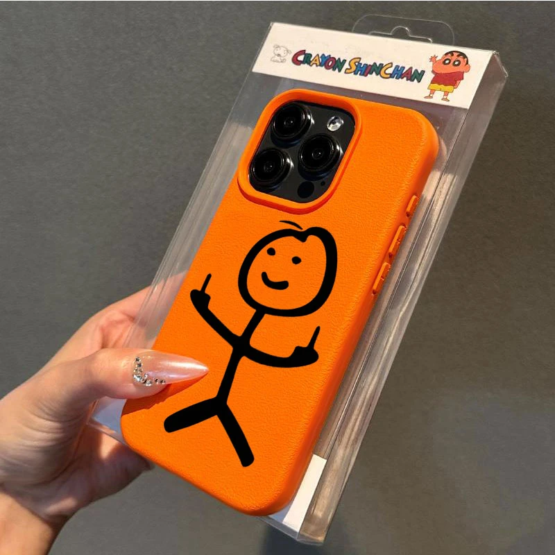 中指火柴人适用苹果16p/15手机壳iPhone14promax13荔枝纹12防摔11