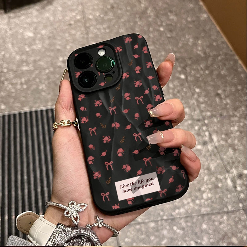 蝴蝶结碎花适用iphone16/15苹果12褶皱手机壳14promax防摔13/11潮