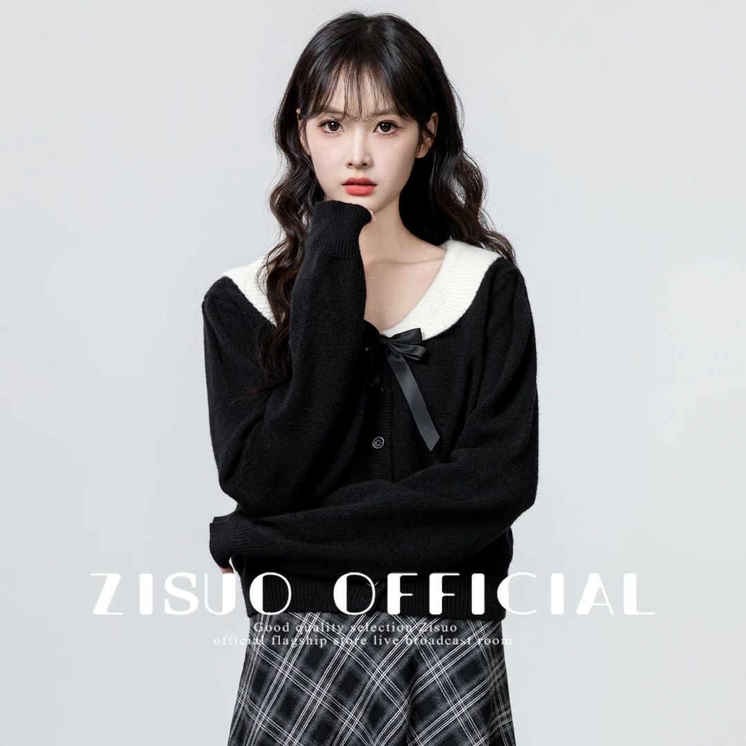 黑色娃娃领毛衣外套女2024春秋新款学院风蝴蝶结针织开衫短款上衣