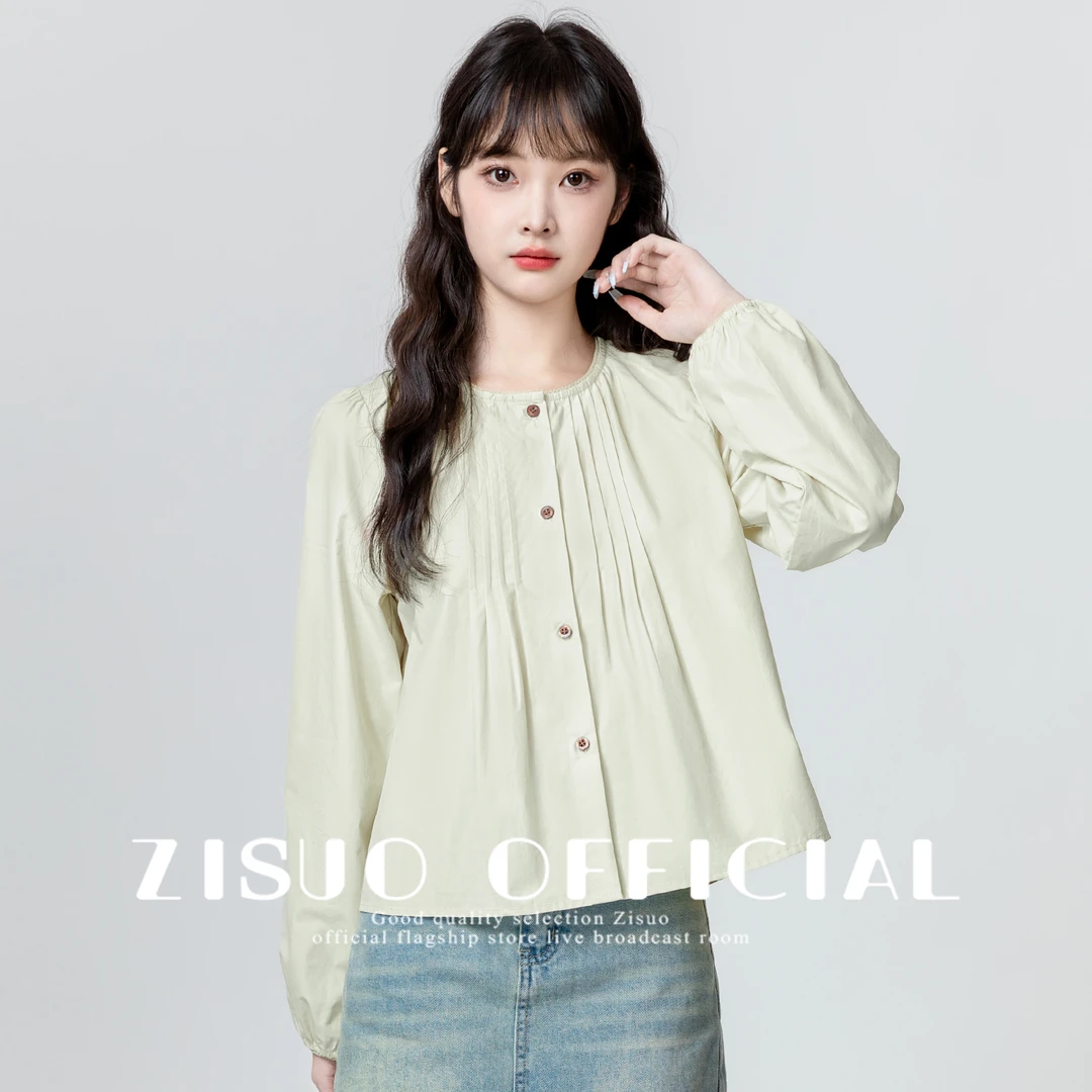 法式圆领长袖衬衫女春秋2024新款设计感宽松褶皱娃娃衫衬衣短上衣