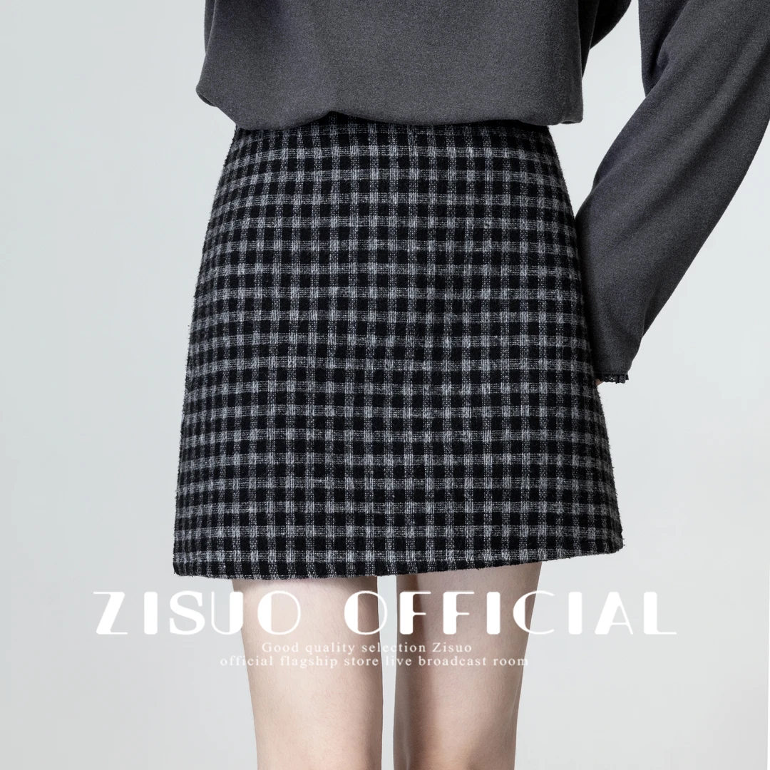 黑色格子毛呢半身裙女2024秋冬新款设计感高腰显瘦a字短裙包臀裙
