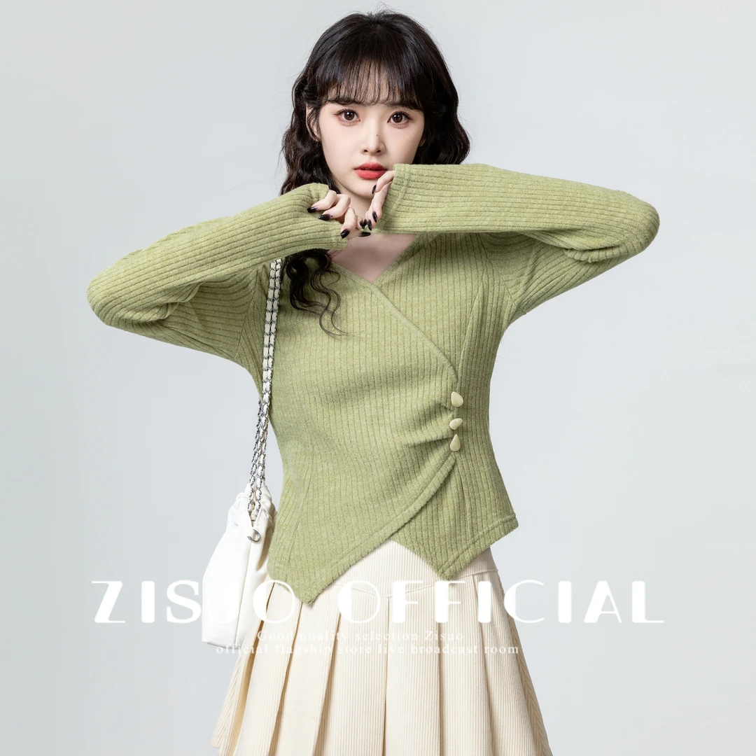 绿色不规则V领长袖T恤女2025春秋新款交叉设计感小众显瘦短款上衣