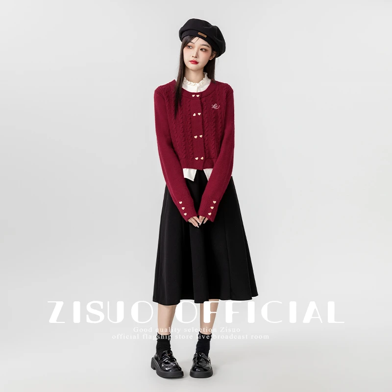 新年红色假两件毛衣女2025春秋新款衬衫拼接针织开衫外套短款上衣