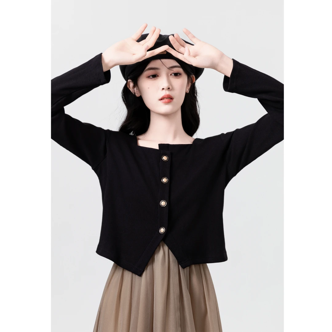 法式黑色方领长袖T恤女春秋2025新款设计感不规则显瘦正肩短上衣