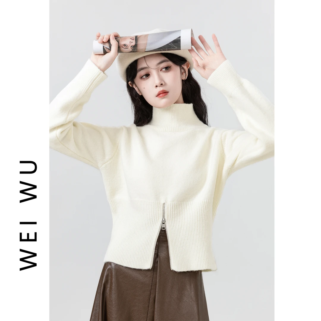 短款白色高领毛衣女秋冬2023新款温柔风软糯开叉针织衫小个子上衣