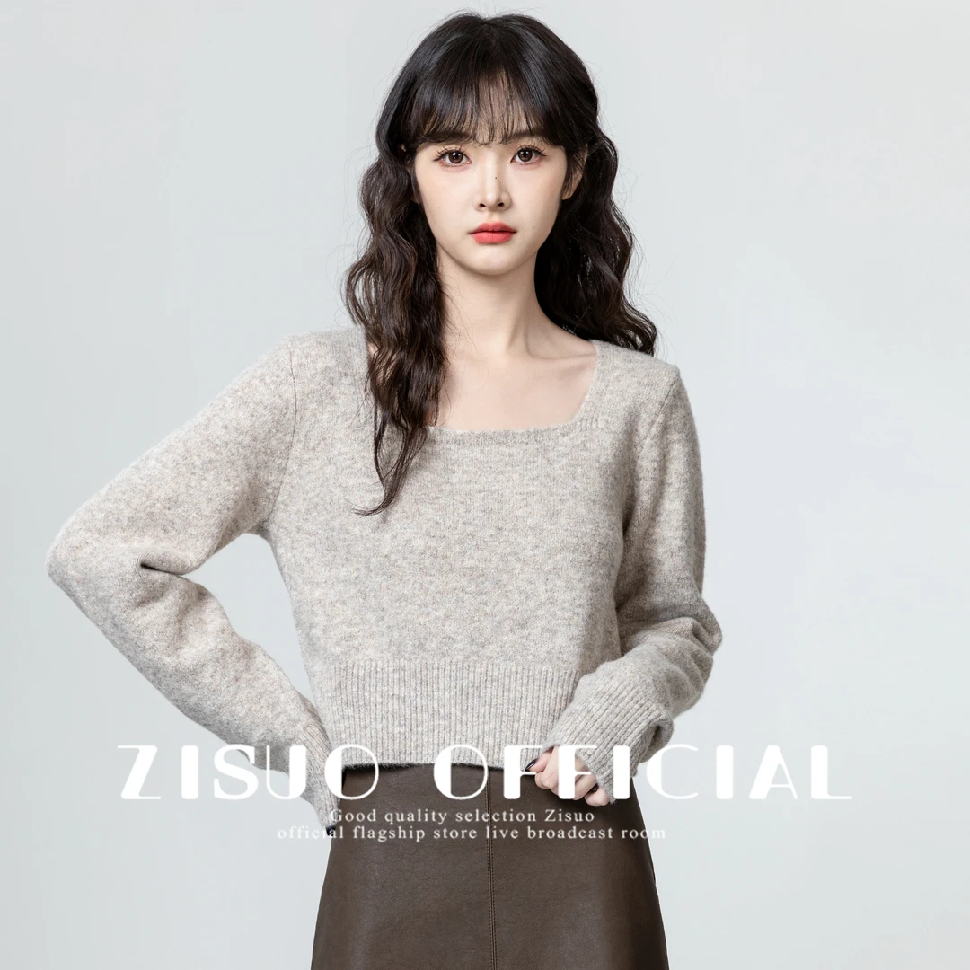 燕麦色方领毛衣女2025春秋新款设计感收腰显瘦针织衫内搭短款上衣