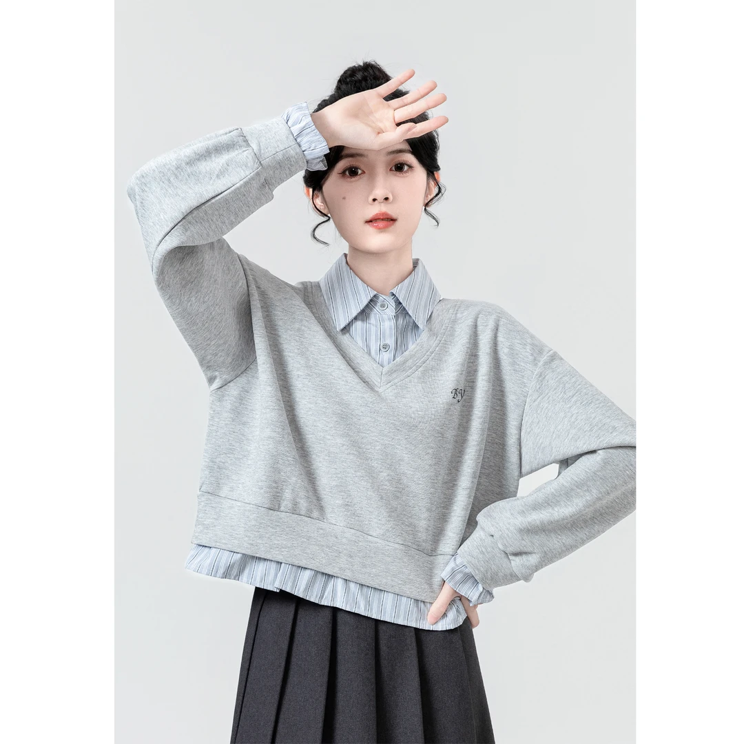 灰色假两件卫衣女春秋2025新款设计感拼接衬衫POLO领套头短款上衣