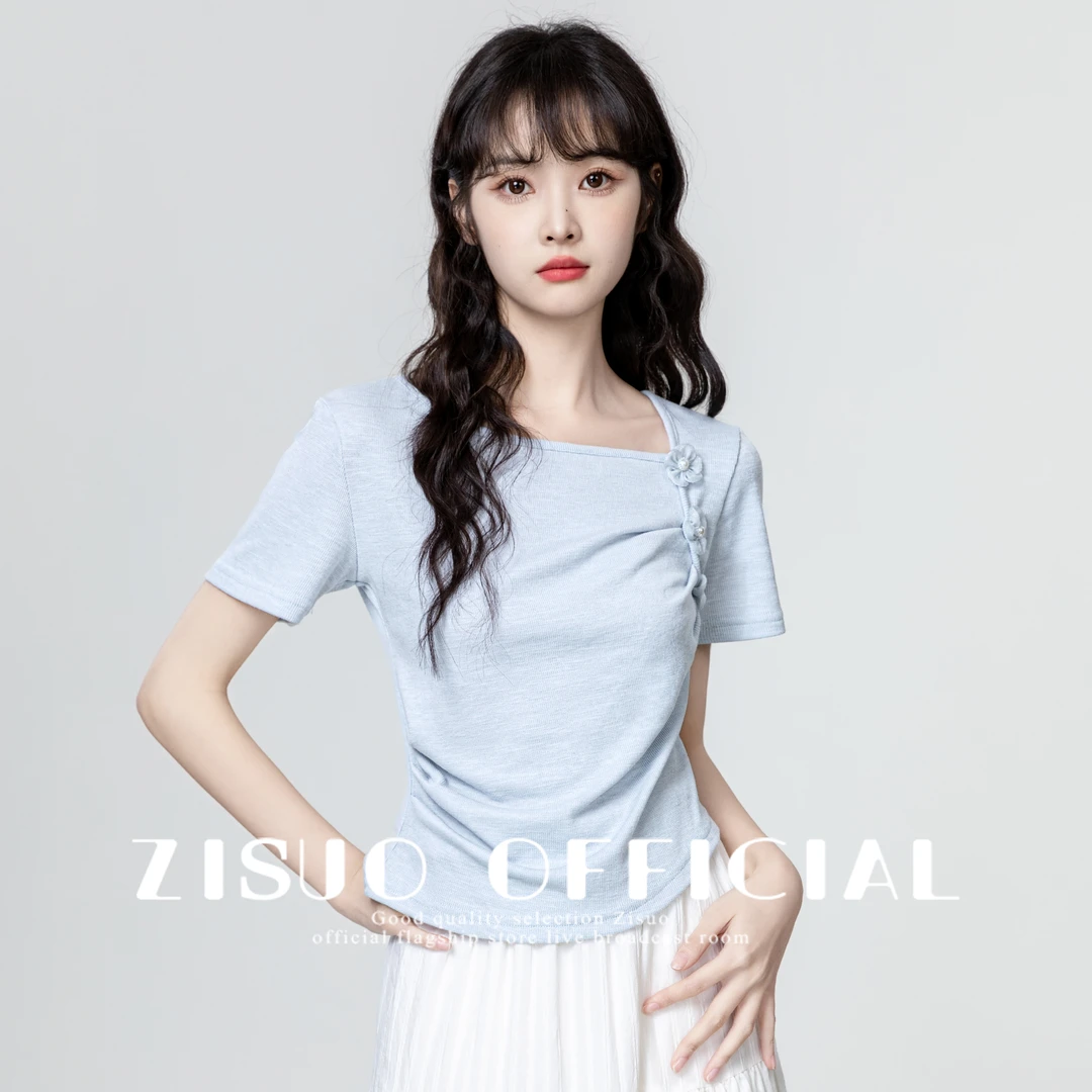 蓝色不规则短袖T恤女2025夏季新款温柔风立体花朵正肩体恤短上衣