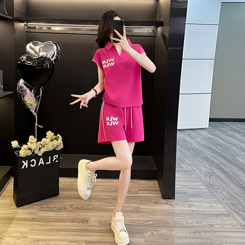 夏季时尚polo领玫红韩版短裤套装女2024新气质宽松减龄运动两件套
