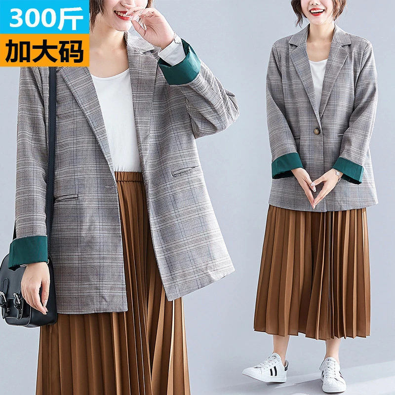 ZZ1852韩版时尚格子西装外套后开叉宽松休闲上衣300斤大码女装