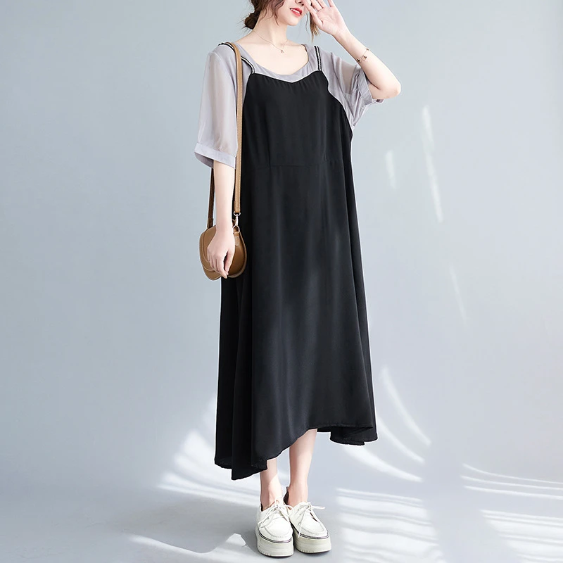 ZZ2410夏季韩版宽松假两件显瘦时尚纯色甜美连衣裙300斤大码女装