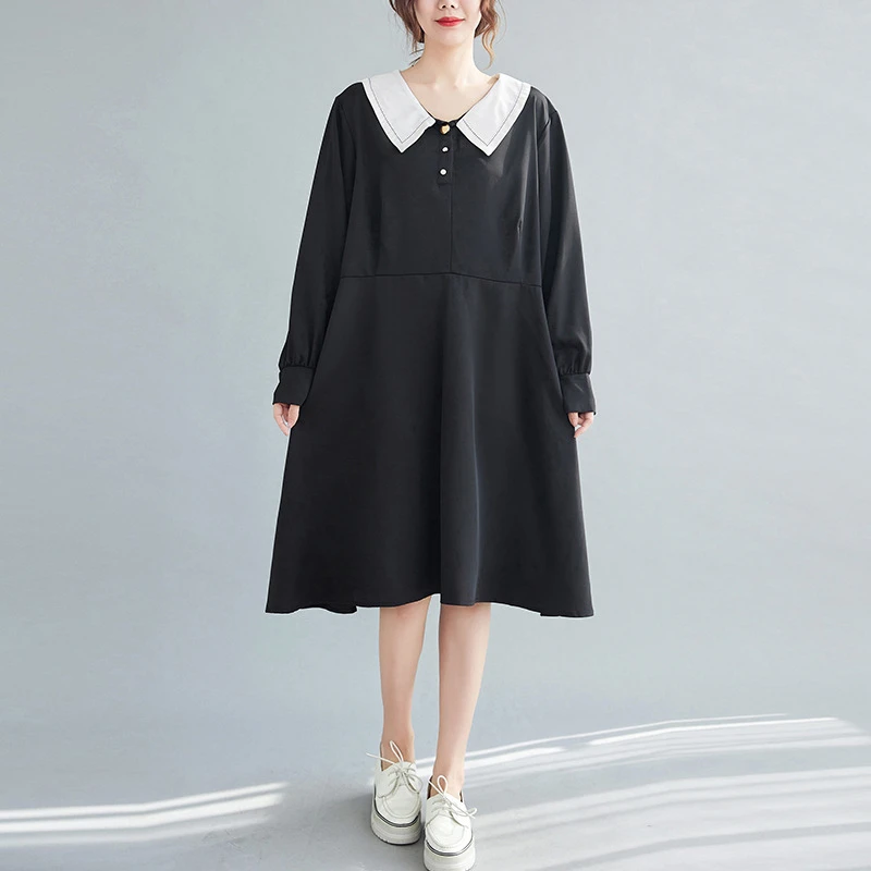 ZZ2160韩版胖MM娃娃领高腰宽松显瘦A裙摆长袖连衣裙300斤大码女装