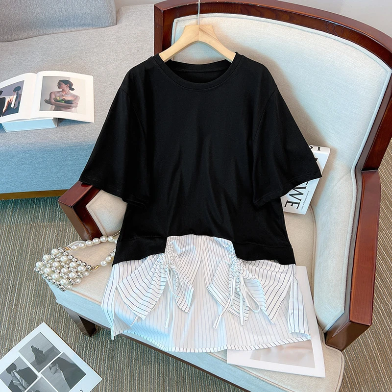 ZZ2593胖MM夏季宽松显瘦撞色设计感拼接假两件上衣300斤大码女装