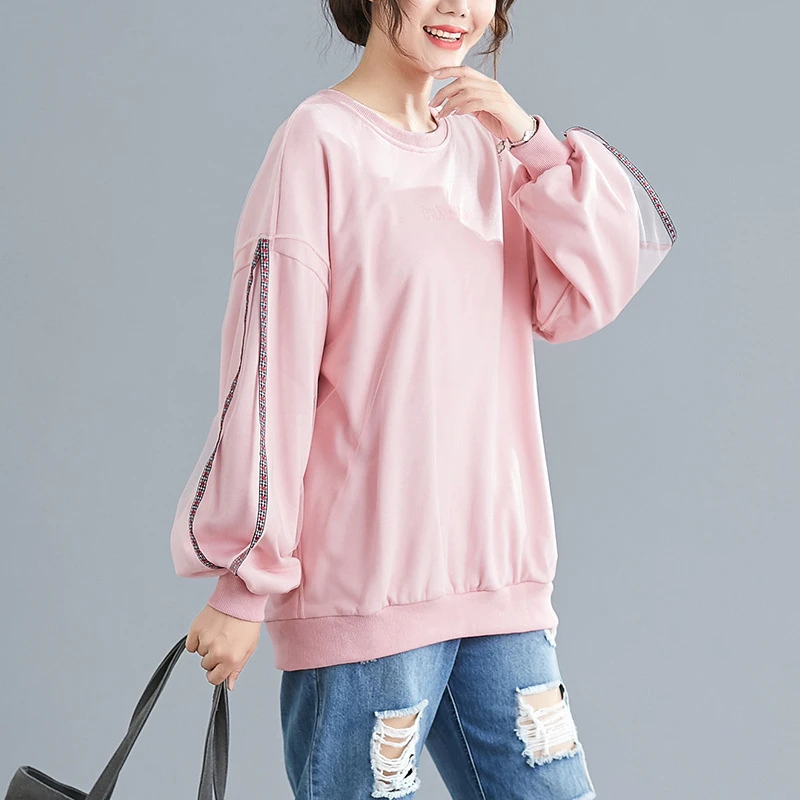 ZZ1874时尚新款宽松显瘦休闲圆领灯笼袖网纱拼接上300斤大码女装