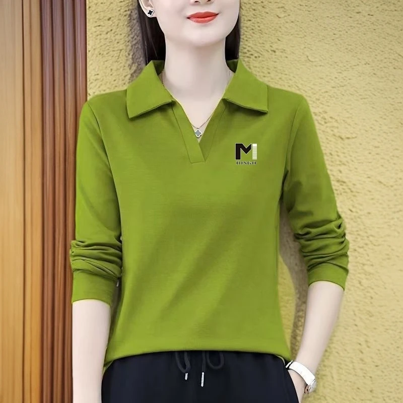 春秋季女士长袖T恤百搭翻领polo衫洋气时尚大码休闲运动打底衫