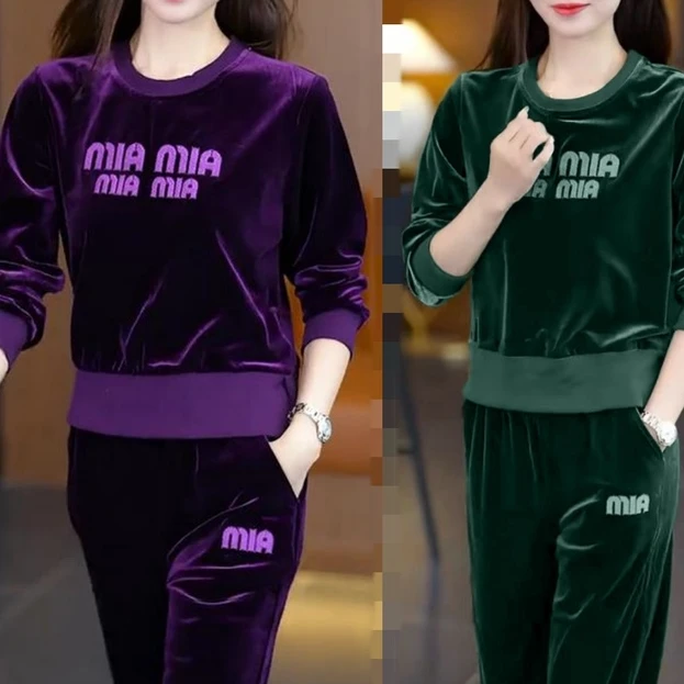 春秋季女士休闲运动套装显瘦韩版气质金丝绒洋气大码薄款两件套