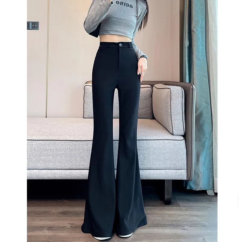 黑色喇叭裤西装面料微喇西装裤女春夏新款休闲裤大喇叭鱼尾马蹄裤