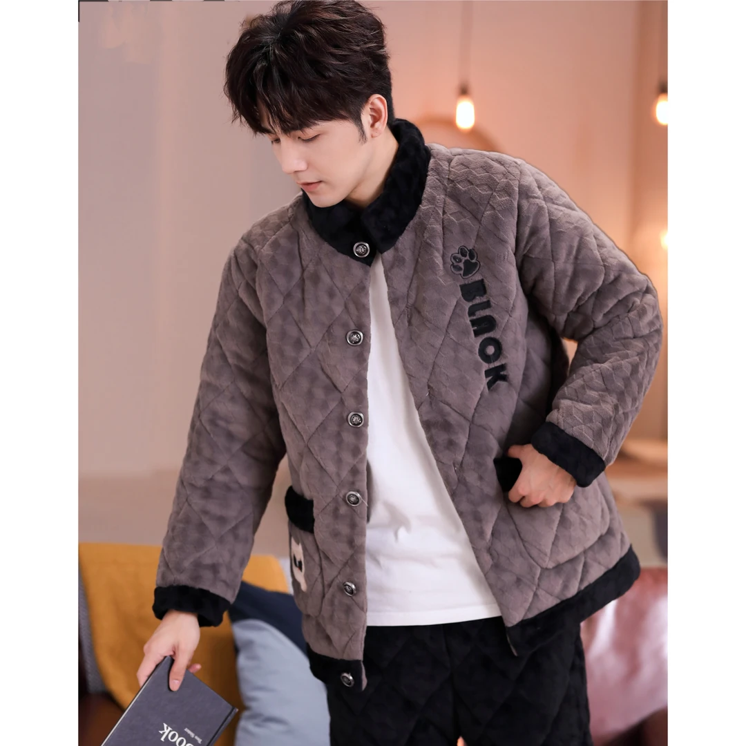 男士冬季加绒冬天保暖三层加厚款夹棉袄珊瑚绒家居服套装休闲