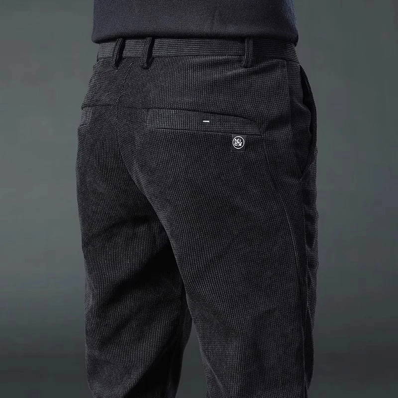香港冬季加绒灯芯绒休闲裤男士修身直筒华夫格加厚弹力百搭长裤子