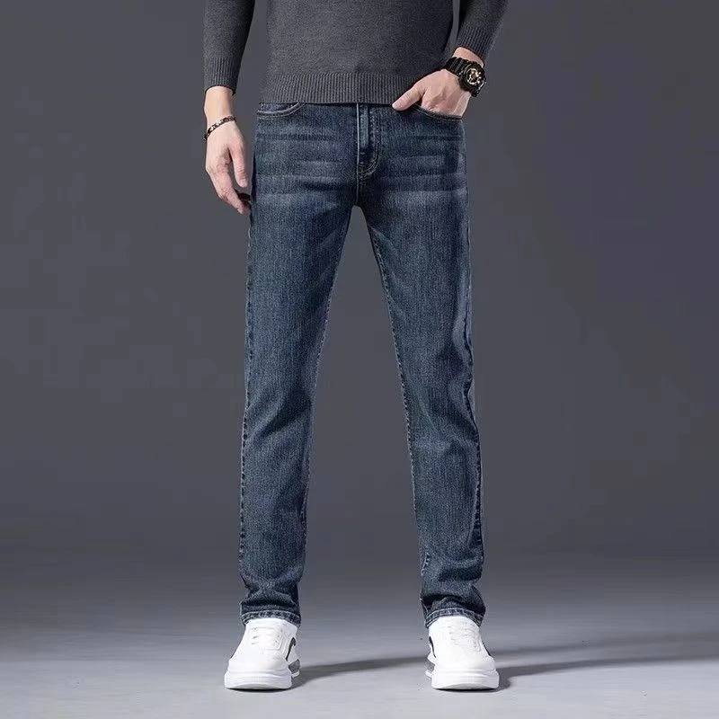 香港2024秋冬高端男牛仔裤子加绒加厚男士修身商务百搭休闲长裤子
