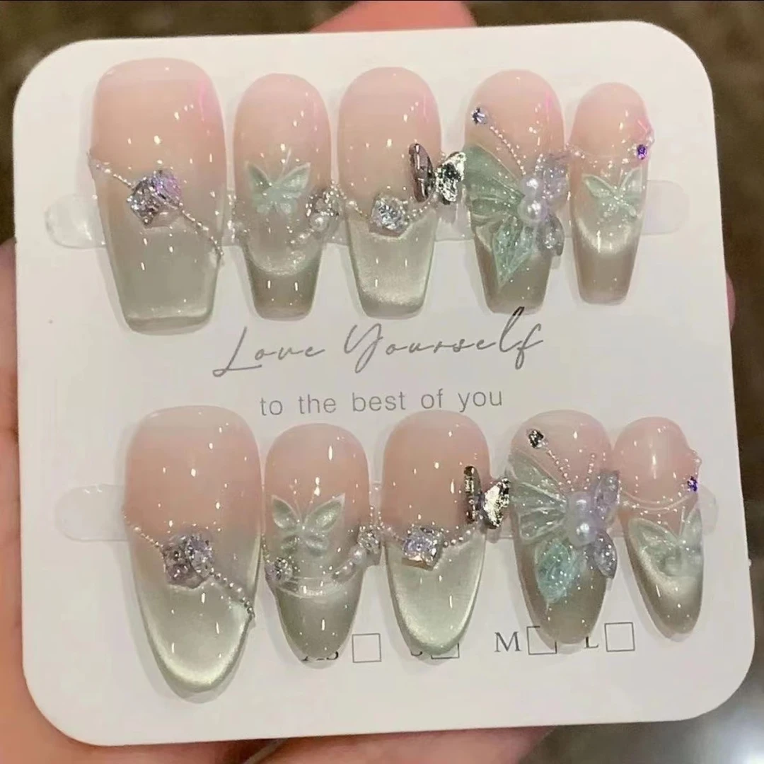 【薄荷曼波】纯手工穿戴甲贴片高贵仙气温柔猫眼爆闪蝴蝶款穿戴甲