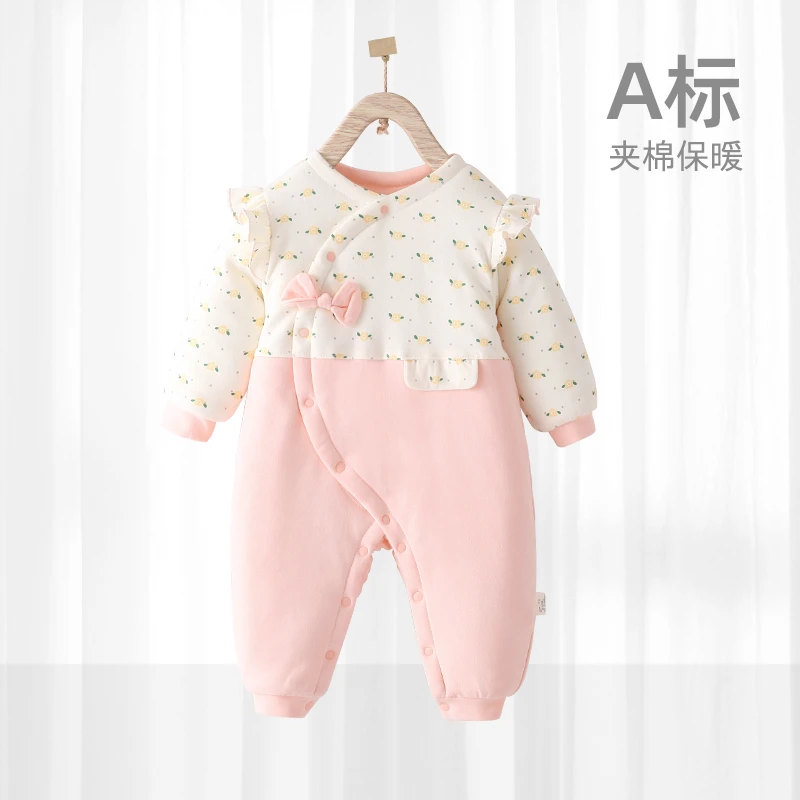 秋冬新款新生婴儿斜襟婴儿宝宝按扣夹棉加厚卡通连外出连体衣爬服