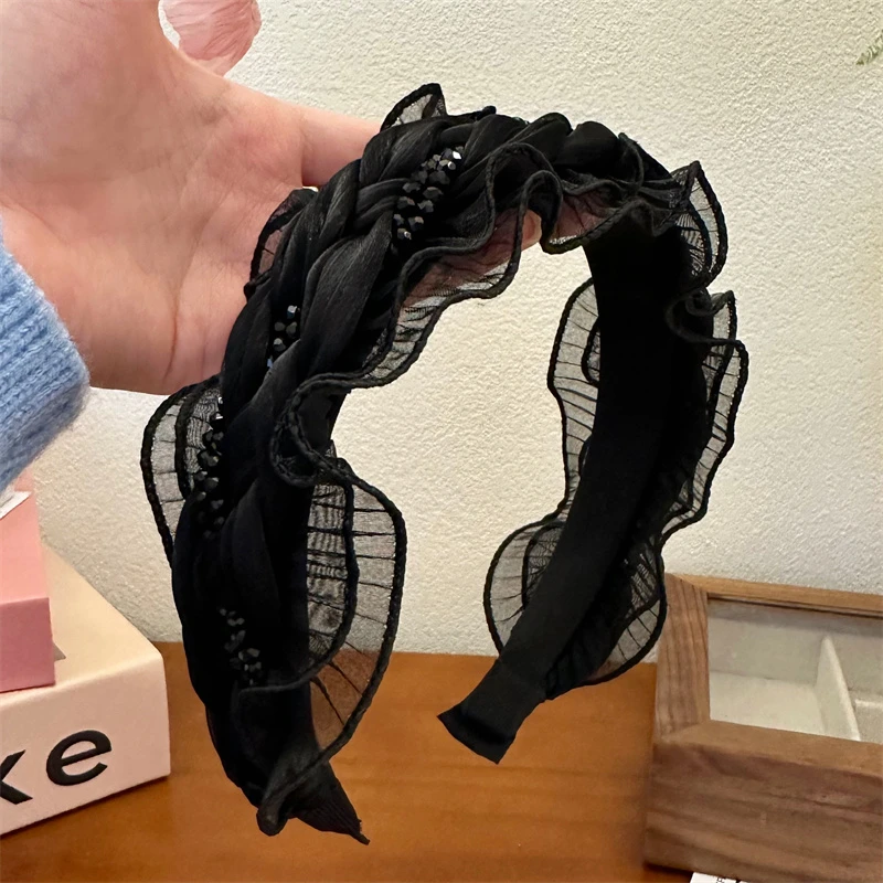 复古法式黑色麻花辫编织花边发箍宽边头箍外出韩版发卡高频顶头窟