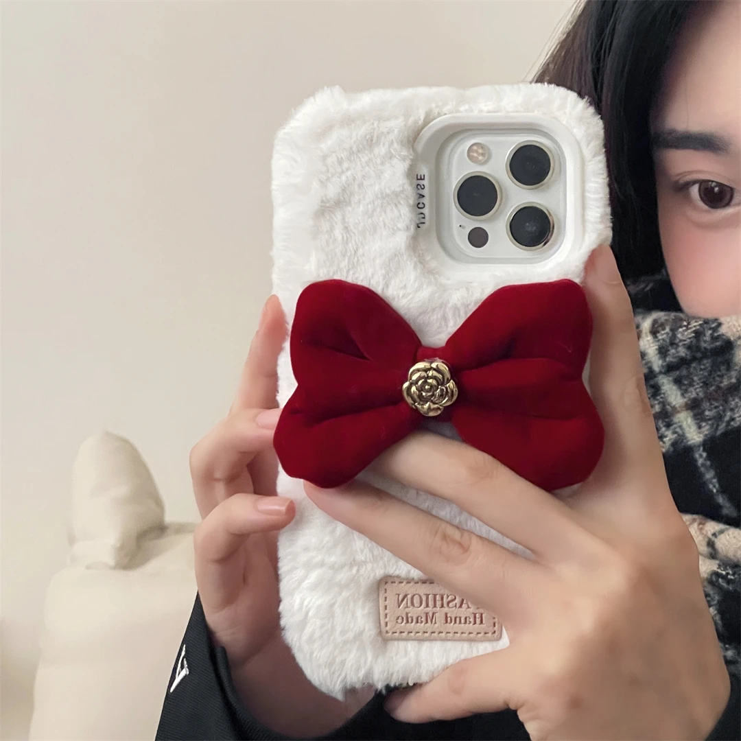毛绒山茶花蝴蝶结iphone15promax手机壳苹果14新年红13秋冬12高级
