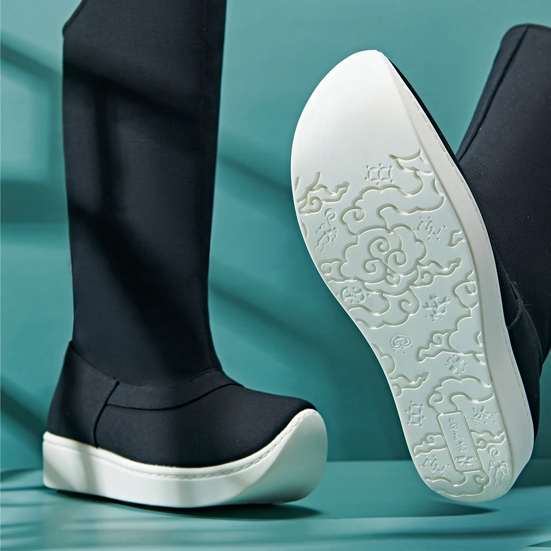 乌衣巷汉服帆布皂靴厚底男士百搭透气古装靴子黑色高筒增高古风靴