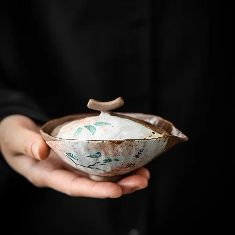 手绘老岩泥盖碗功夫茶器日式粗陶手抓壶宝瓶柴烧复古纯手工茶道