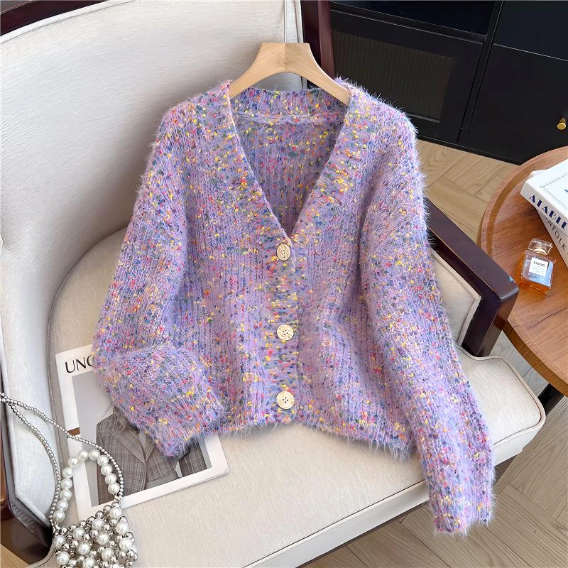 多巴胺紫色彩点V领开衫毛衣女秋冬季新款慵懒风绝美减龄软糯上衣