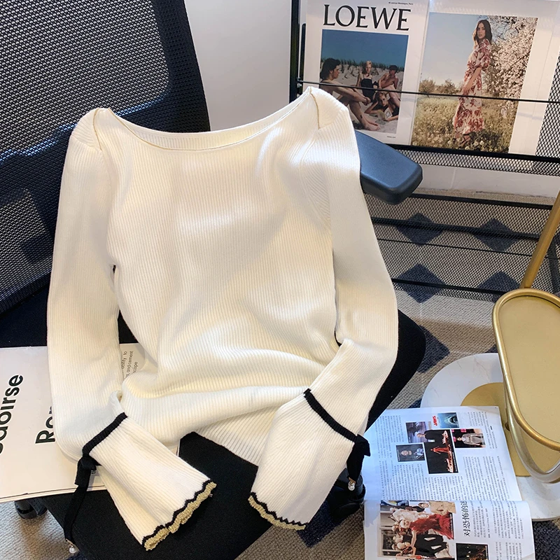 喇叭袖针织上衣女装2025秋季新款一字领毛衣洋气修身内搭打底衫潮