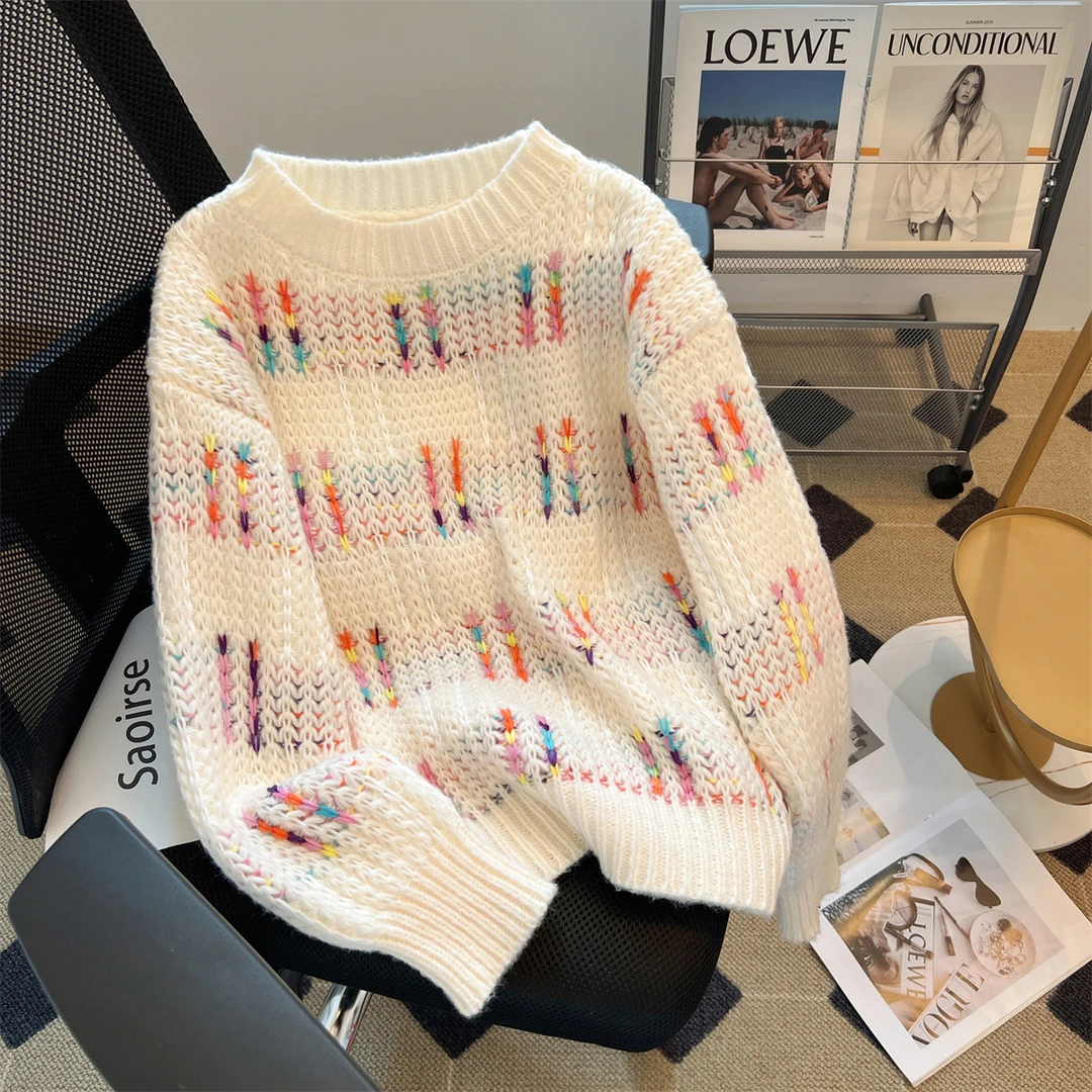 重工加厚彩色拼接圆领毛衣女冬季新款超好看宽松显瘦百搭针织上衣