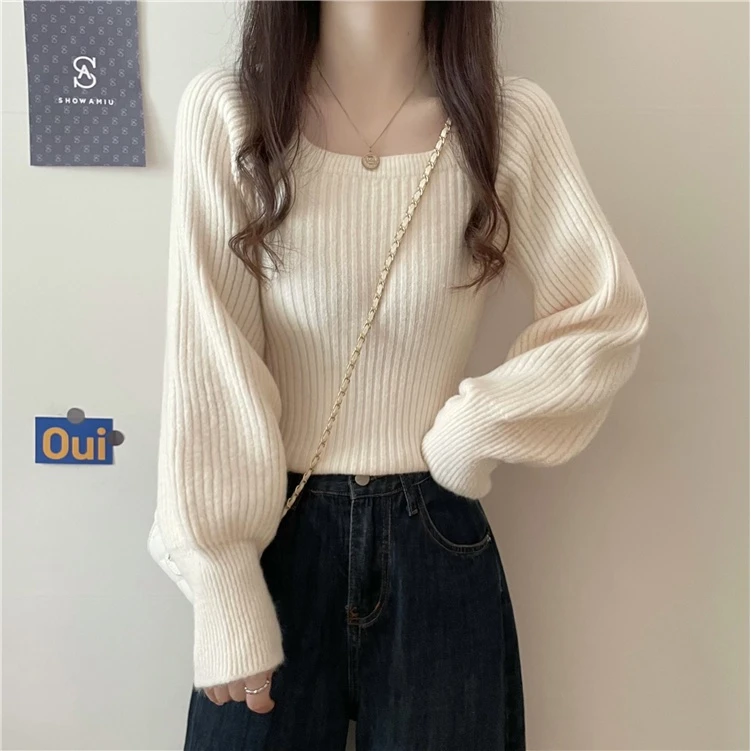 法式套头方领毛衣女百搭秋冬别致短款灯笼袖上衣方领韩版慵懒女