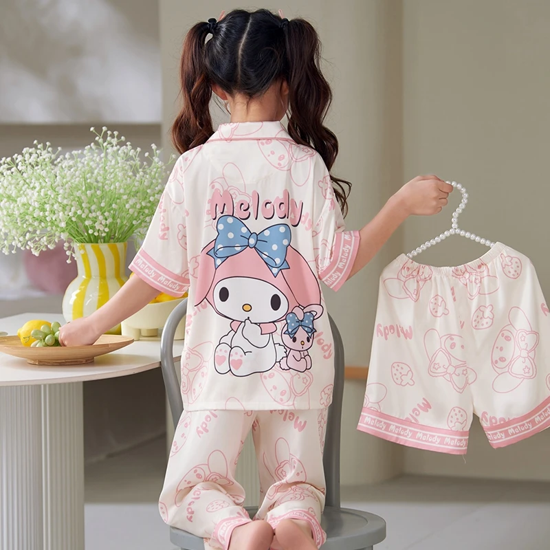 2025新款女童睡衣夏季薄款短袖长裤冰丝三件套中大童美乐蒂家居服