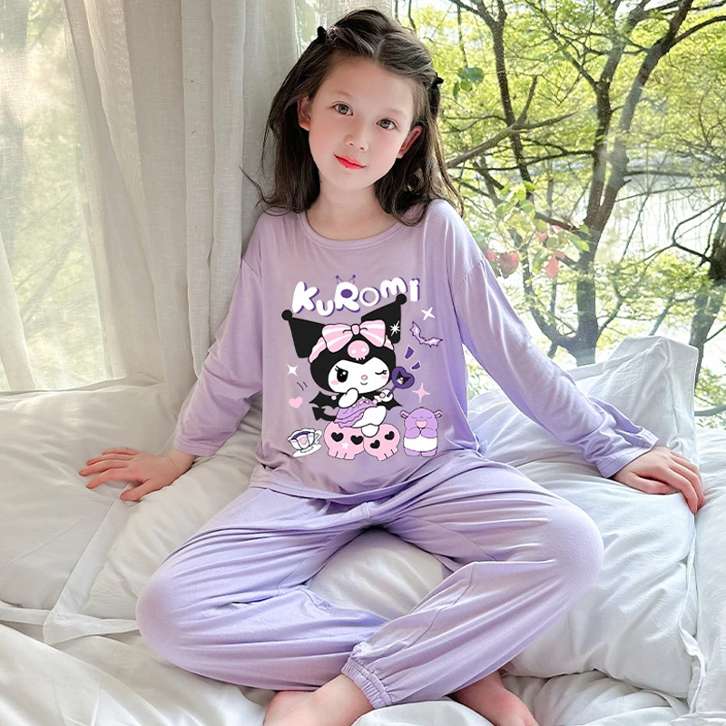 儿童莫代尔睡衣女童夏季薄款长袖冰丝空调服女孩大童库洛米家居服