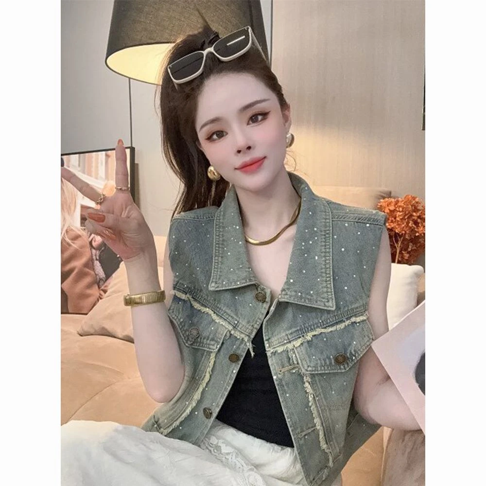 复古港味无袖烫钻牛仔马甲外套2025新款女装夏季独特短款上衣马夹