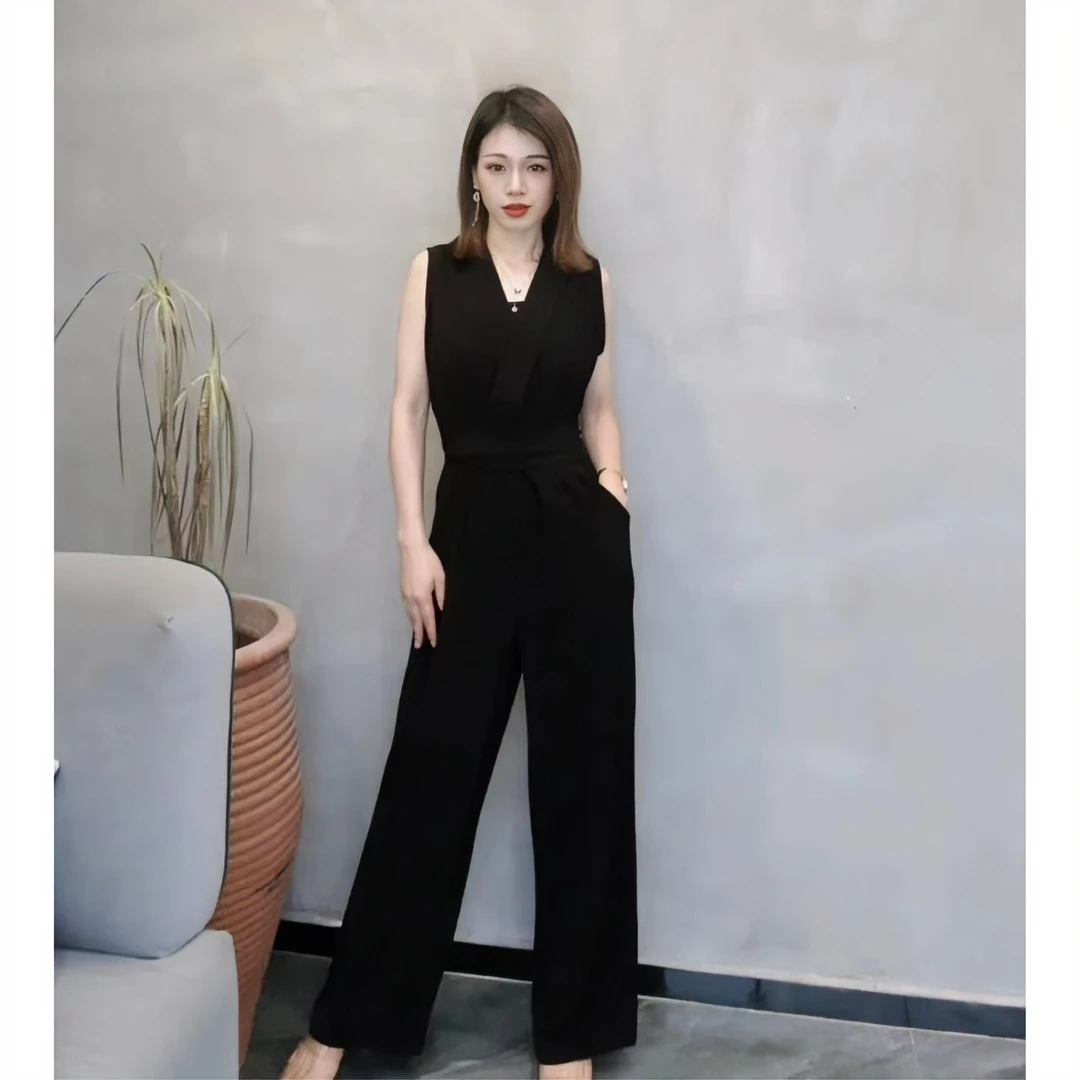 夏季小个子定制气质小众无袖绑带连体裤宽松高腰显瘦连衣长裤