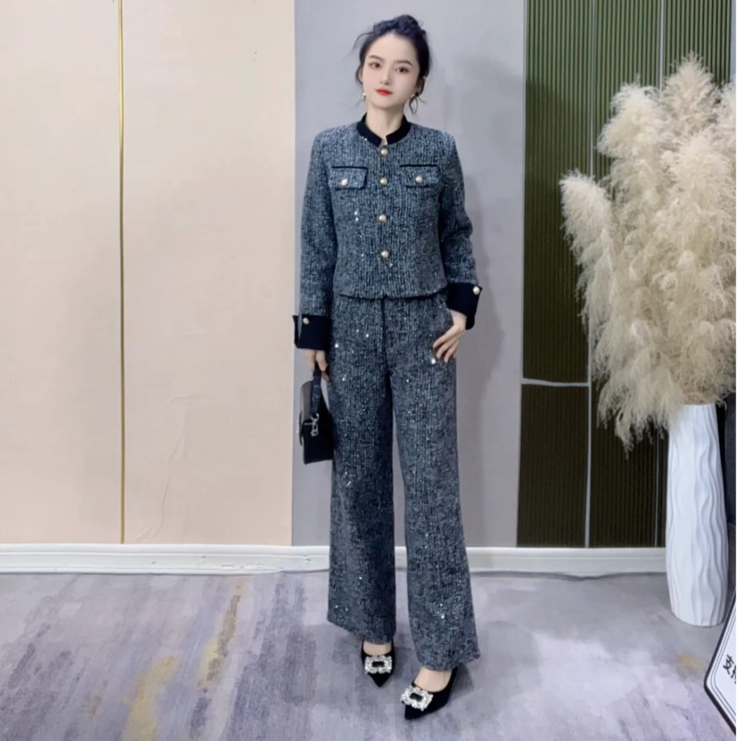 小个子定制小香风气质百搭圆领短款外套高腰垂感阔腿裤套装24037