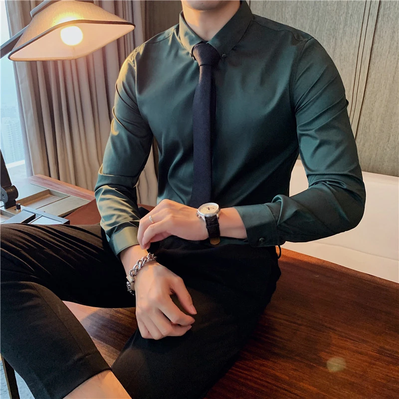 四面弹高性价比~男纯色扣领长袖衬衫修身衬衣职业帅气结婚新郎