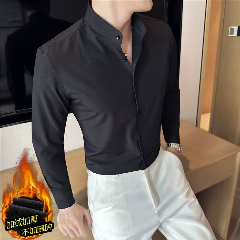 新中式高级感纯色衬衫男士休闲职业长袖垂感痞帅修身帅气商务百搭