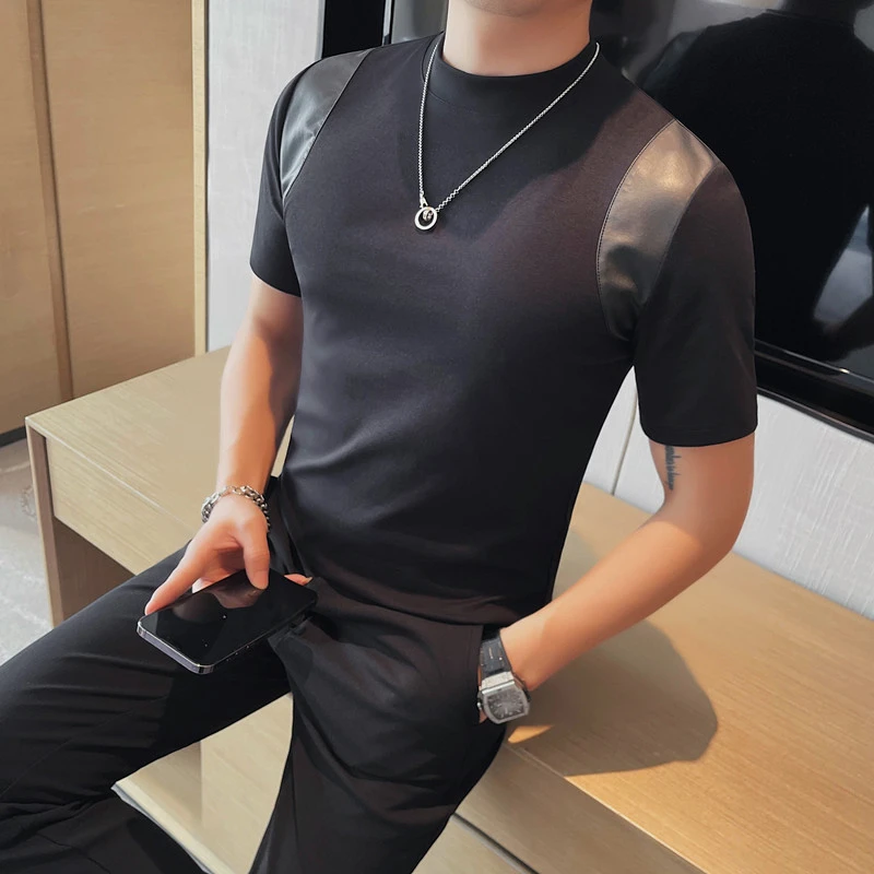 小中领短袖体恤男士修身贴布半袖打底衫时尚休闲百搭潮流纯色圆领