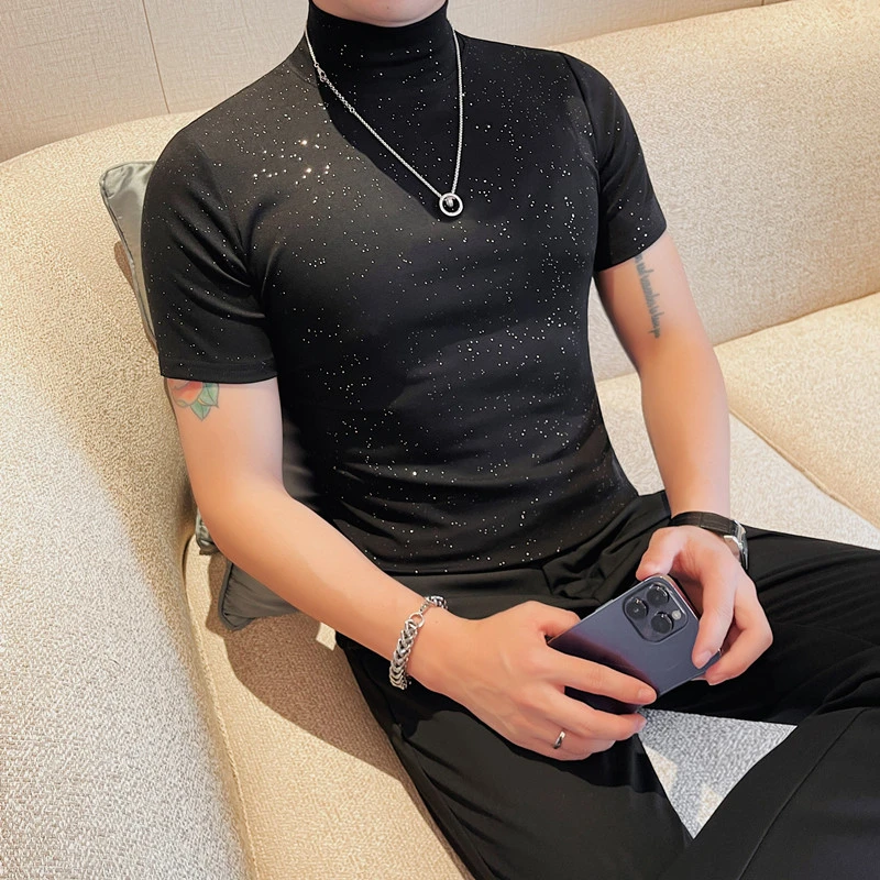 时尚男士帅气弹力中领半袖短袖打底修身T恤夏季休闲百搭潮流韩版