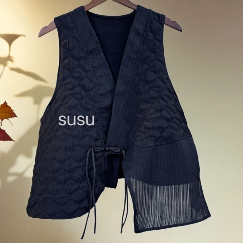 191A/黑色时尚百搭复古提花棉马甲纯色设计新款