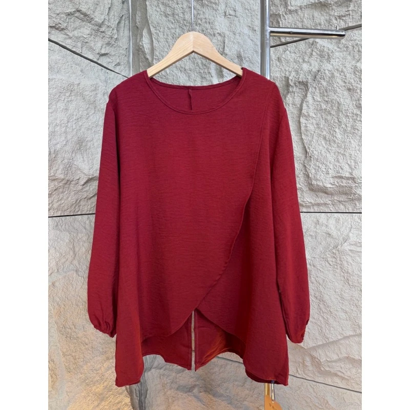 172/211/时尚长袖百搭设计感圆领上衣2025流行色安哥拉红色黑色