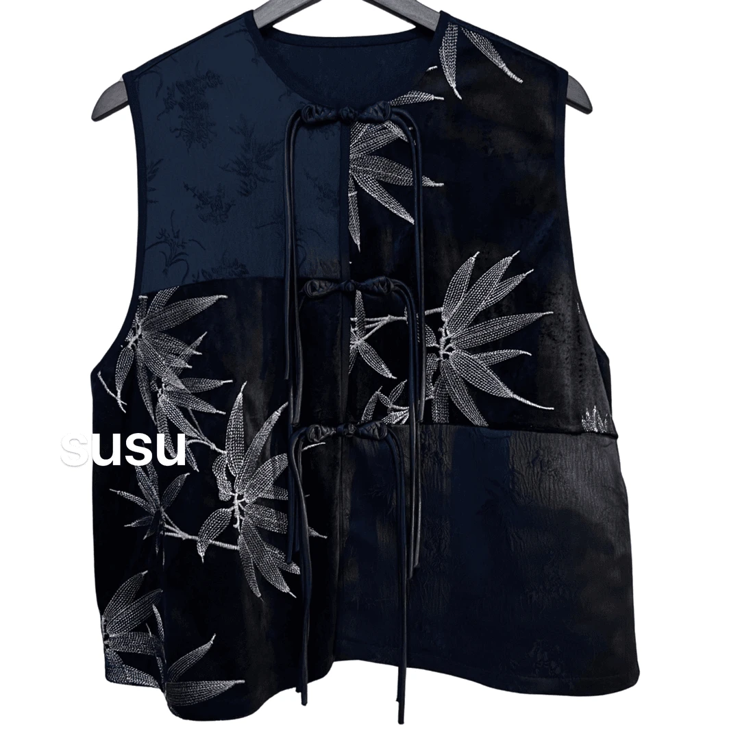 113/月下织金｜3001万针绣新中式鎏金竹影盘扣款新女士外穿马甲