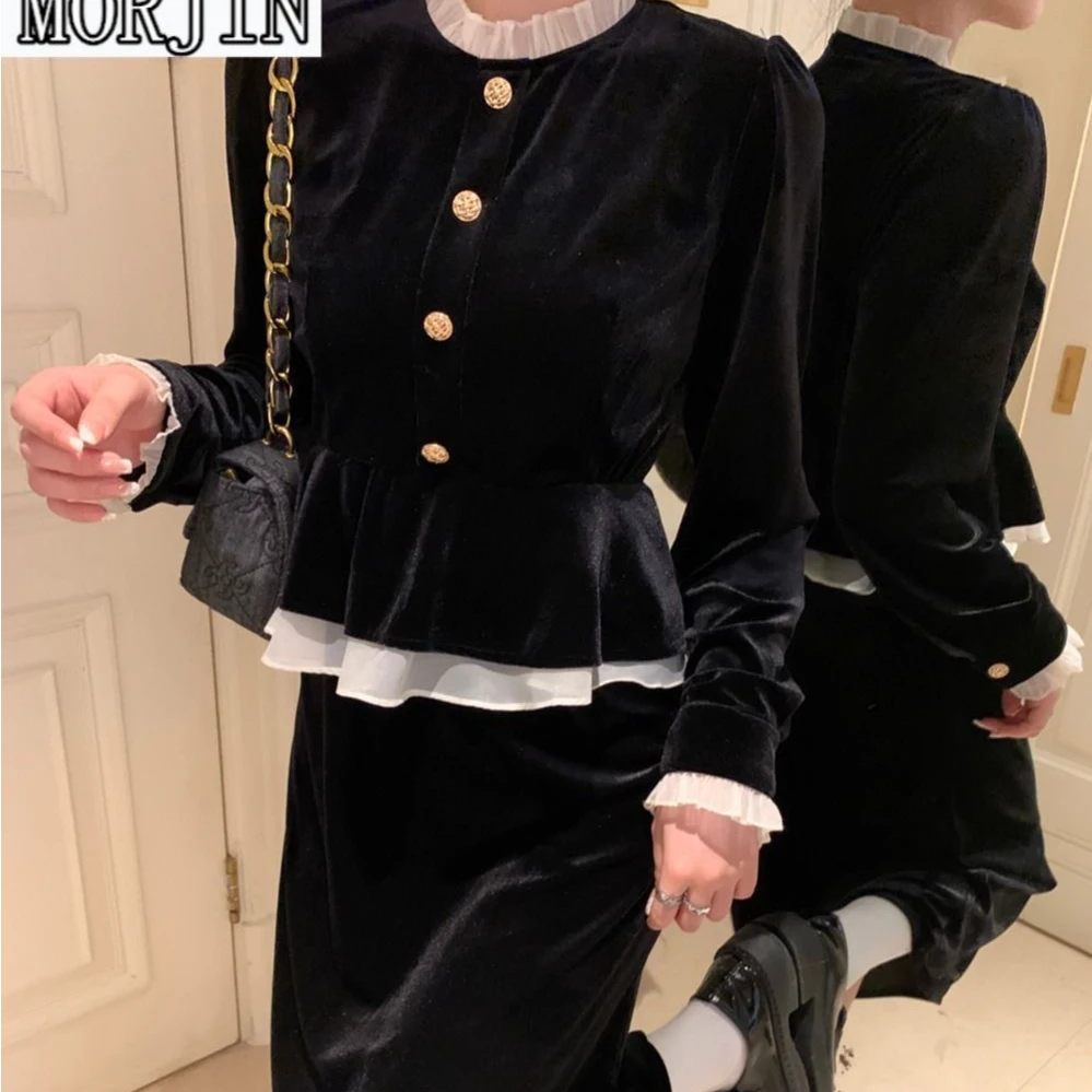 法式小香风假两件圆领金丝绒上衣2024秋冬新款赫本风显瘦洋气衫
