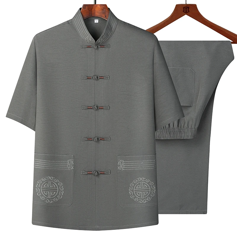 新中式夏季短袖中老年爸爸装休闲中国风套装爷爷男士薄款老人衣服