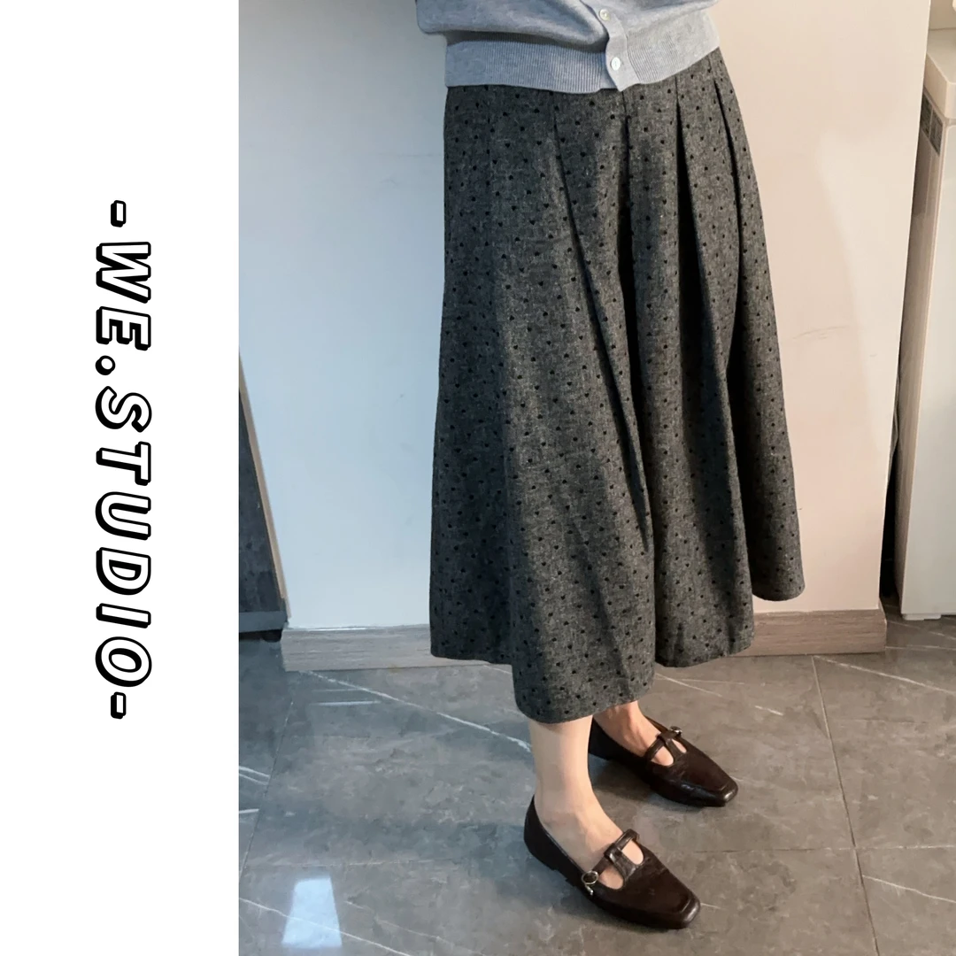 【WE】韩系松紧腰复古A字压褶波点半身裙